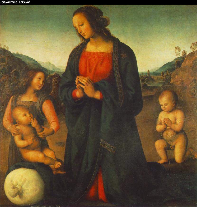 PERUGINO, Pietro Madonna, an Angel and Little St John Adoring the Child (Madonna del sacco) R